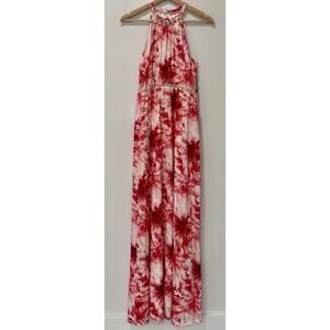 Antonio Melani Maxi Dress Womens 0 Pink Floral Silver Beaded Cut Out Waist Event